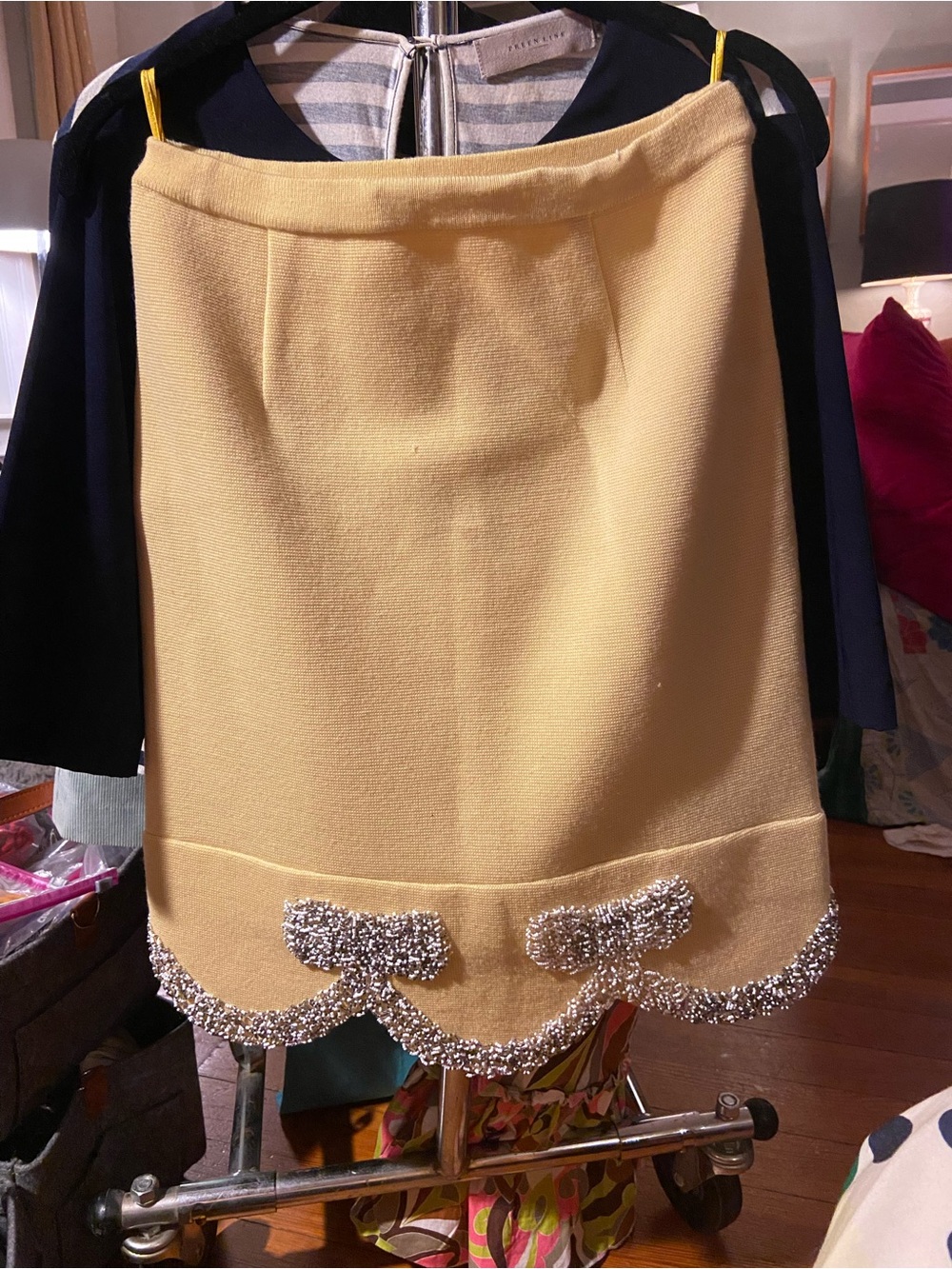 Vintage Yellow A-Line Skirt with Beaded Scallop Hem